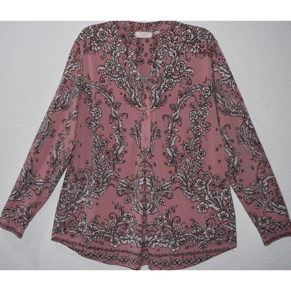 Belle by Kim Gravel Tops - Belle Kim Gravel XL Henley Popover Stretch Top Pink Gray Floral Long Sleeve